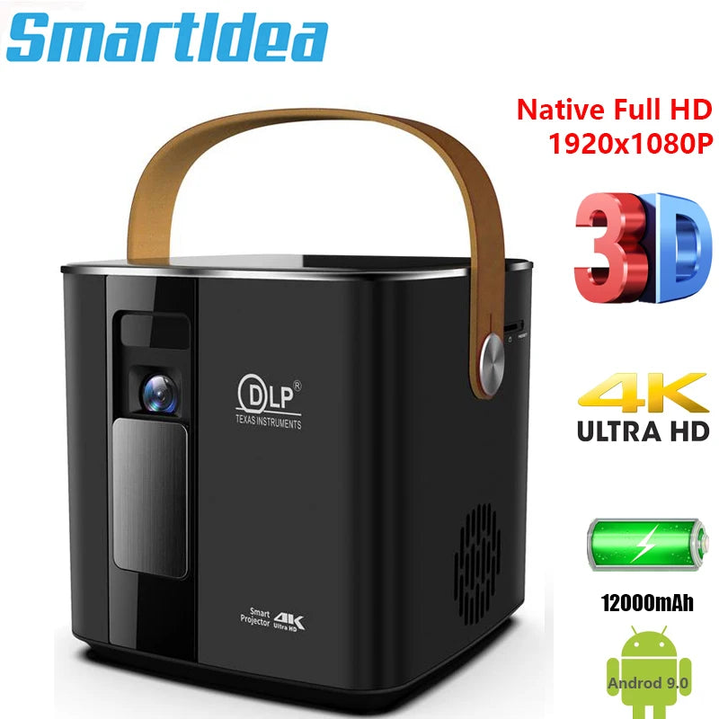 Smartldea Native 1920*1080p  4K 3D mini projector Android9.0 smart proyector build in battery 5G wifi BT4.2 video game Beamer  ET24